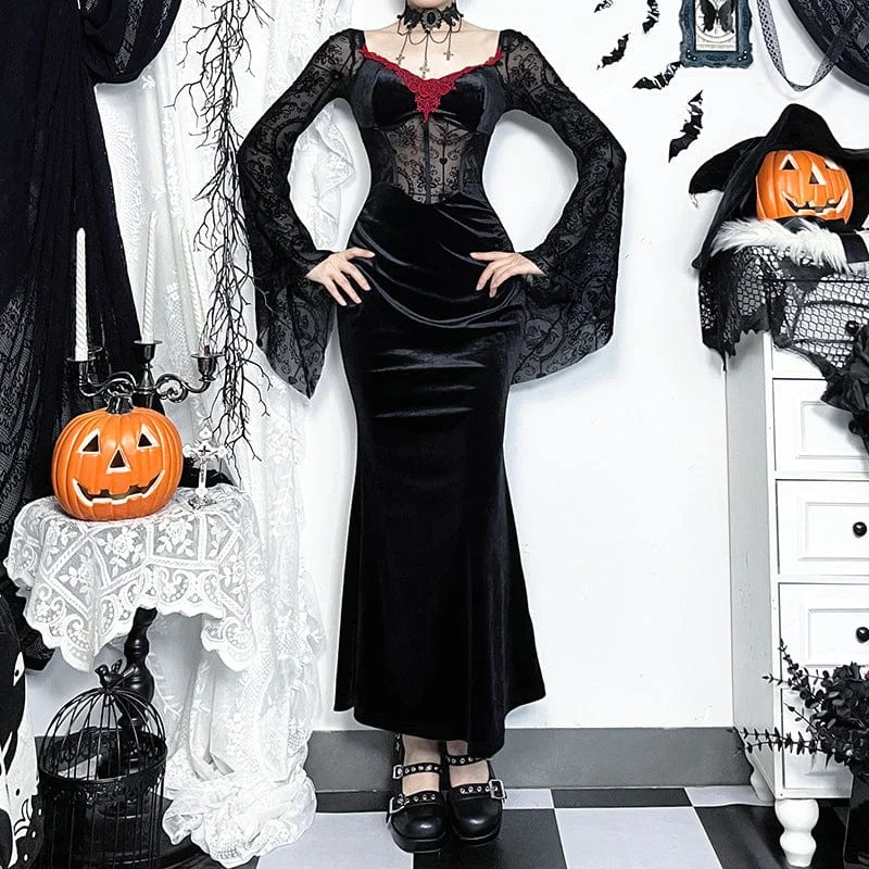 Women's Gothic Lace Crochet Maxi Dress Black Red Comfortable Fitted Maxi Dress