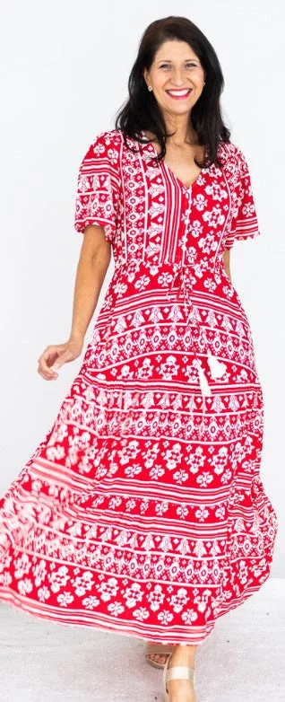 Xmas red maxi dress Elegant Maxi Dress with Pockets