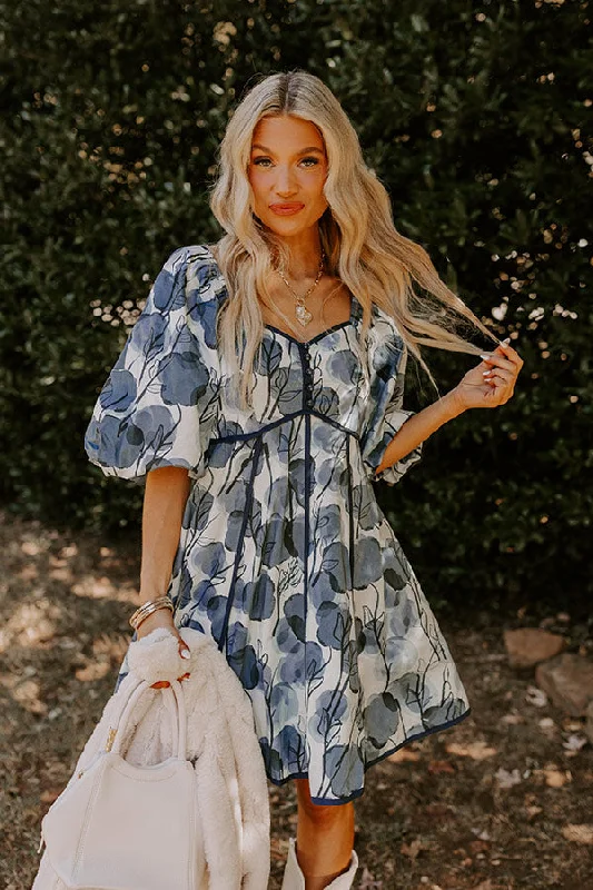 Autumn Stroll Babydoll Mini Dress in Blue Cozy Cotton Mini Dress