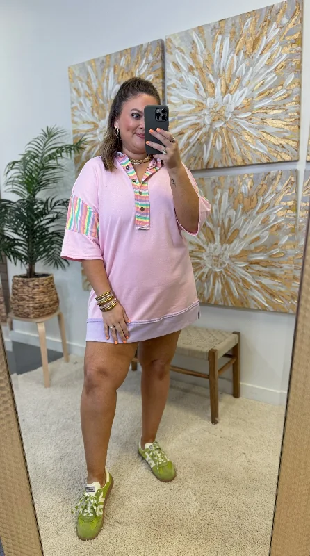 Baby Pink Contrast Striped Mini Dress Elegant Lace-Up Mini Dress