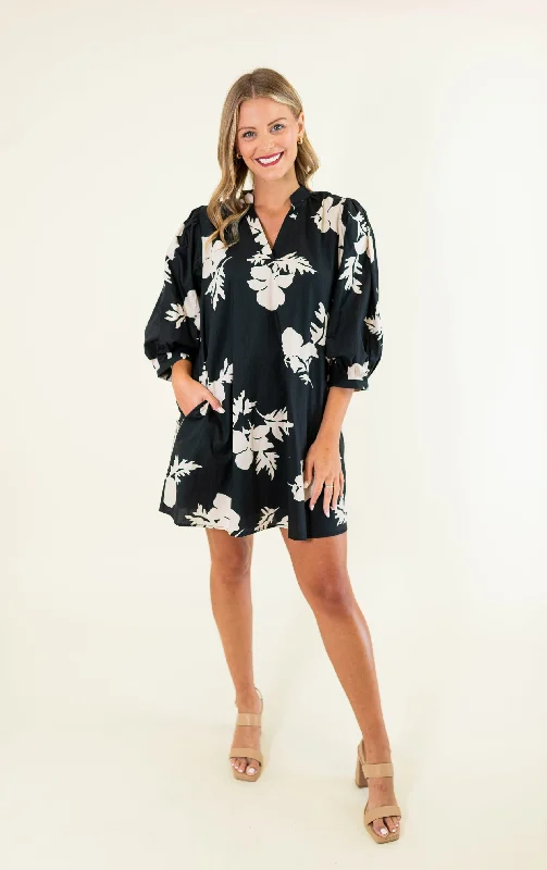 Black Floral V-Neck Mini Dress Comfortable Smocked Mini Dress
