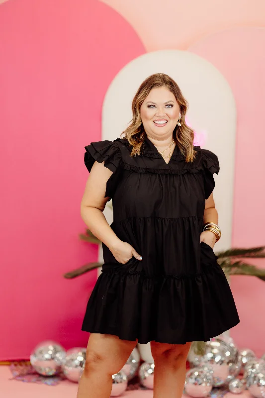 Black Poplin Ruffle Tiered Mini Dress Comfortable One-Shoulder Mini Dress