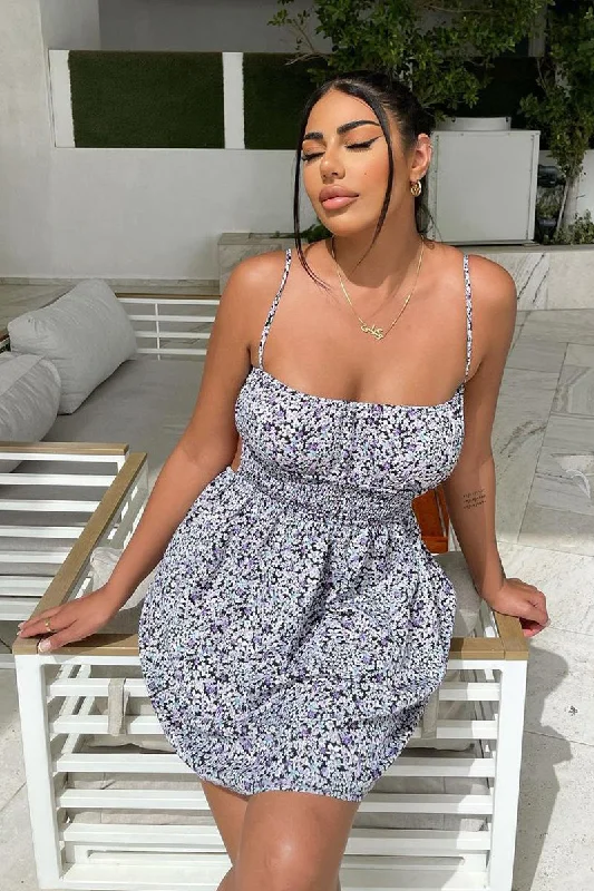 Black Purple Floral Print Shirred Backless Mini Dress - Allison Fashionable Pleated Mini Dress Black Purple Floral Print Shirred Backless Mini Dress - Allison Fashionable Pleated Mini Dress