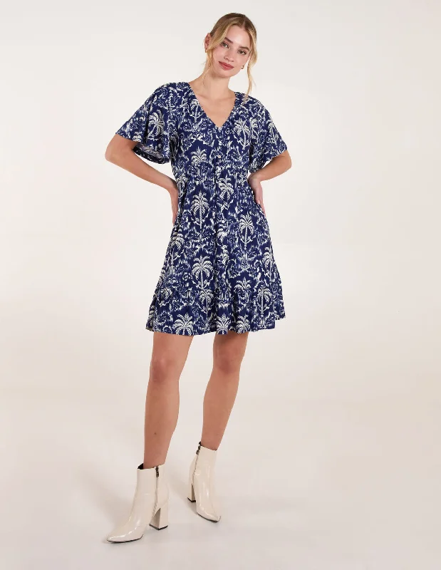Button Through Elastic Waist Tropical Mini Dress Trendy Camisole Mini Dress