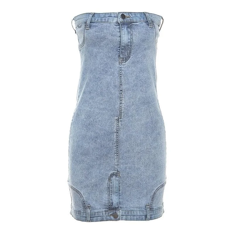 Button zip-up backless denim tube mini dress Comfortable Wrap Mini Dress