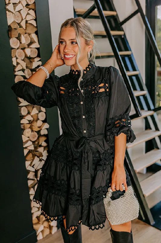 Candlelight Dinner Crochet Mini Dress in Black Stylish Sweetheart Neck Mini Dress