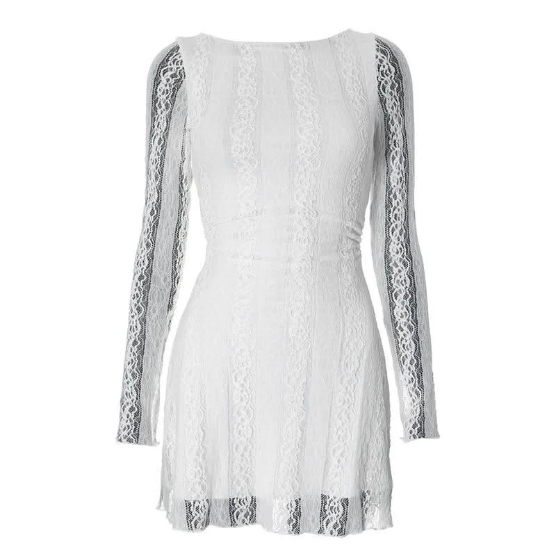 Crewneck long sleeve lace mini dress Fashionable Mini Dress with Pockets