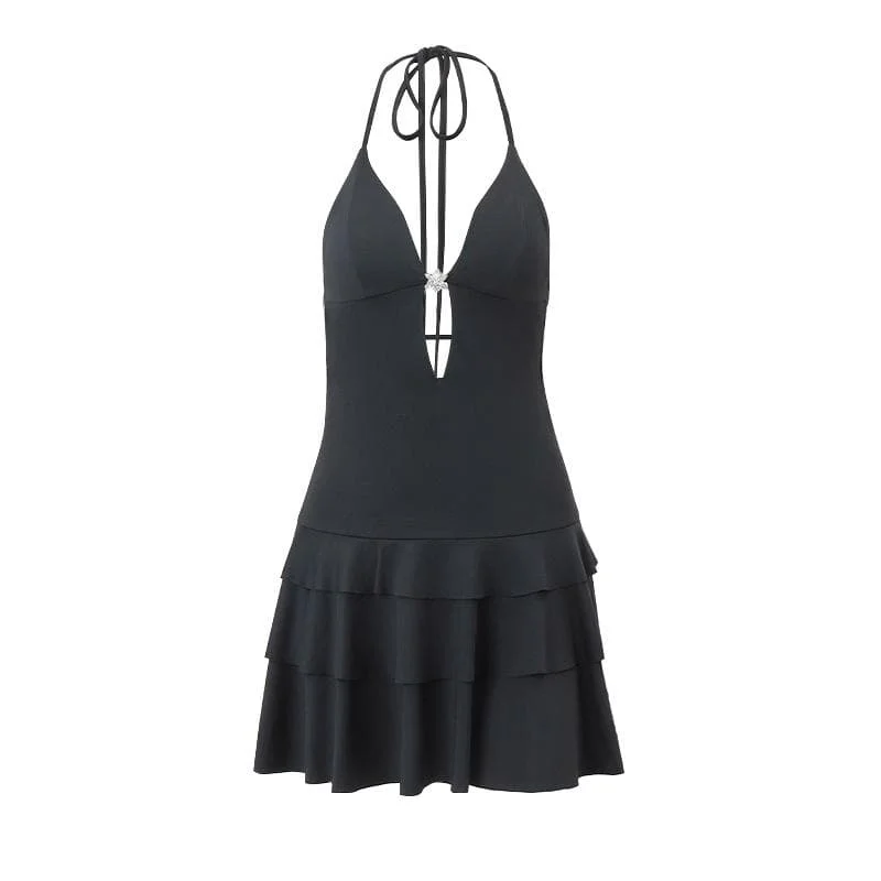 Deep V neck ruffle halter backless flower applique mini dress Cozy Cotton Mini Dress