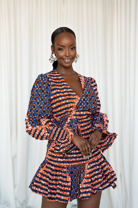 FIMI African Print V-neck Peplum Mini Dress Fashionable Summer Mini Dress