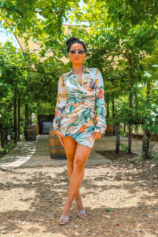 Tropical Luxe Wrap Mini Dress Elegant Mini Dress with Pleats