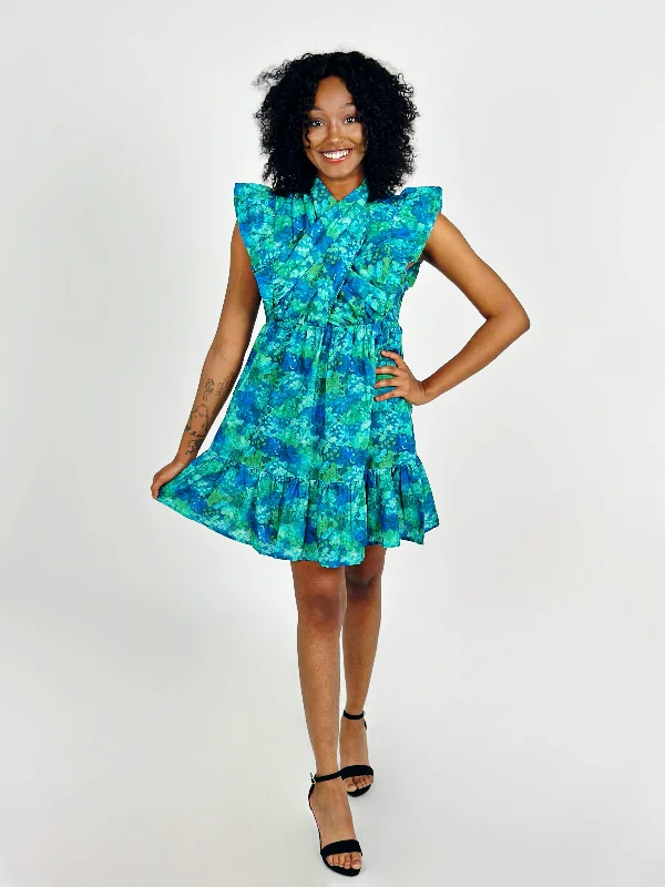 Green Printed Mini Dress Fashionable Mini Dress with Slits