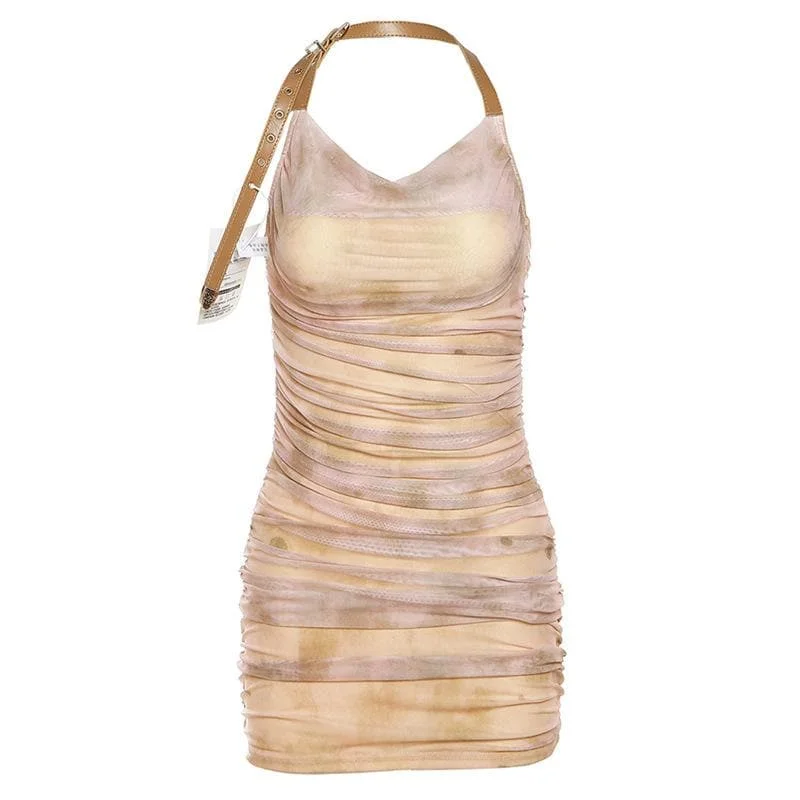 Halter buckle tie dye ruched mini dress Stylish Floral Print Mini Dress