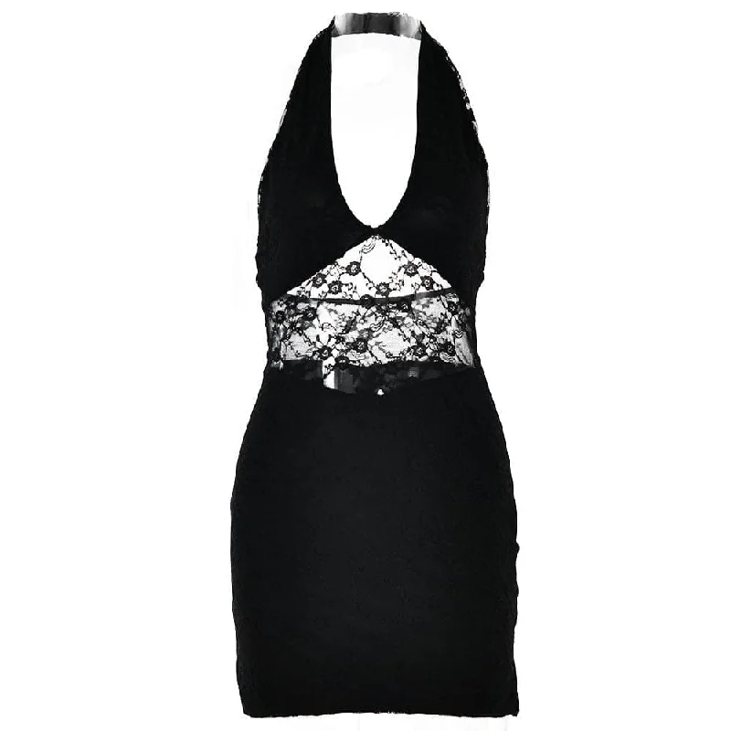 Halter lace patchwork v neck backless mini dress Trendy A-Line Mini Dress