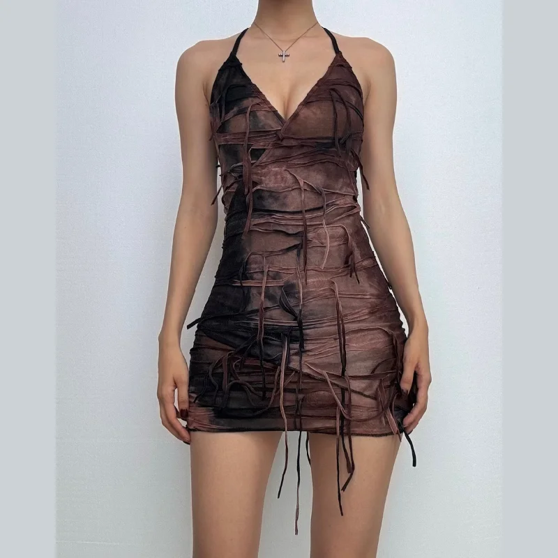 Halter tie dye v neck tassels mini dress Fashionable Denim Mini Dress