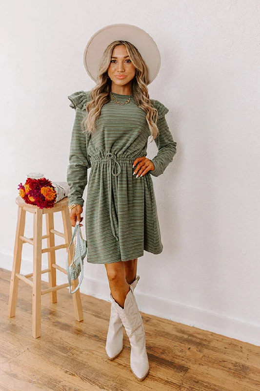 Harvest Harmony Stripe Mini Dress in Olive Comfortable Zip-Up Mini Dress