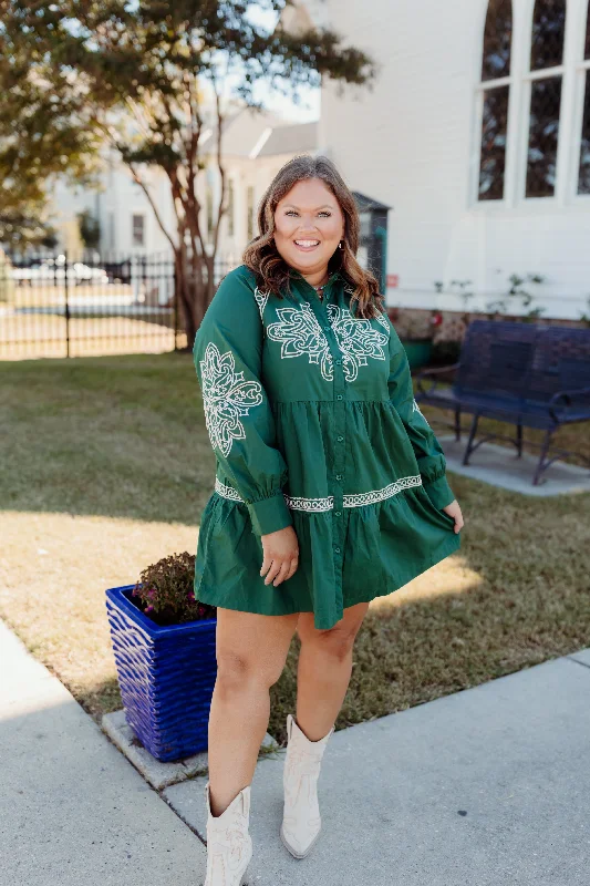 Hunter Green Embroidered Button Down Mini Dress Stylish Short Sleeve Mini Dress