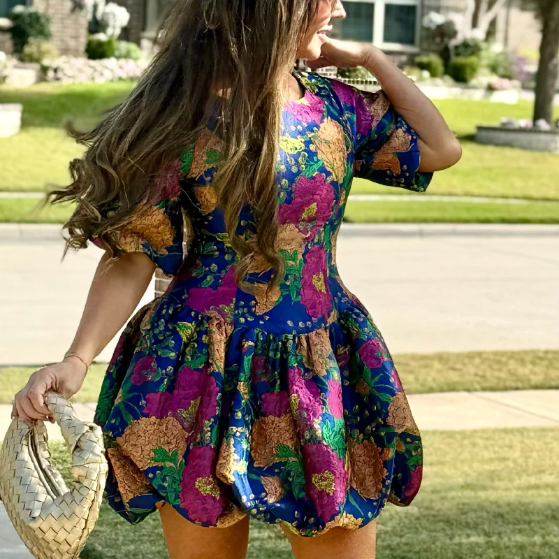 Iriana Floral Jacquard Bubble Mini Dress Fashionable A-Line Mini Dress