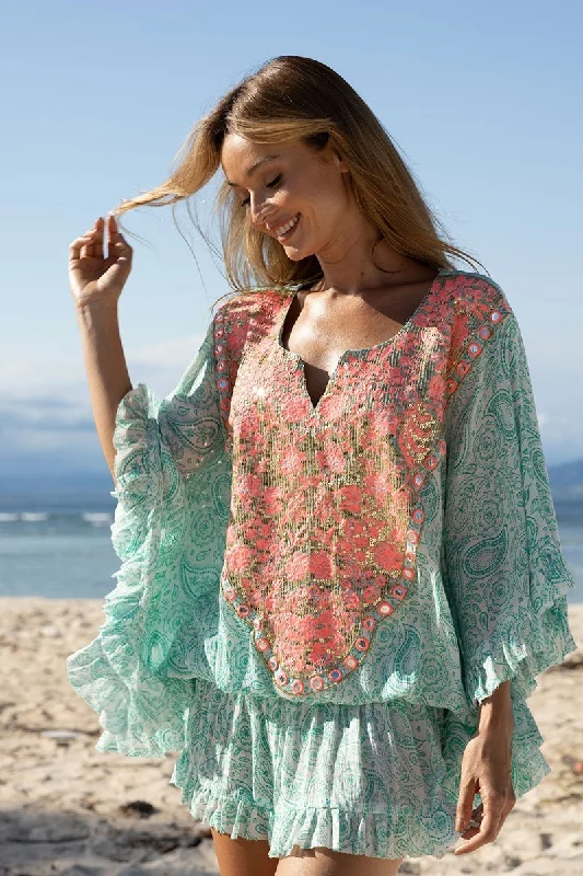 Kaftan Mini Dress in Aqua/Pink Cozy Satin Mini Dress