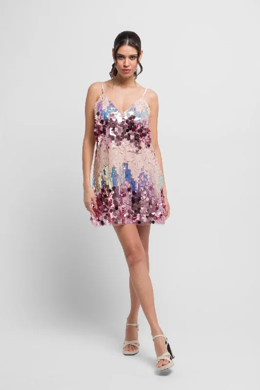 Kia Pink Multi Pastel Cami Sequin Mini Dress - Festive Trendy Lace Mini Dress