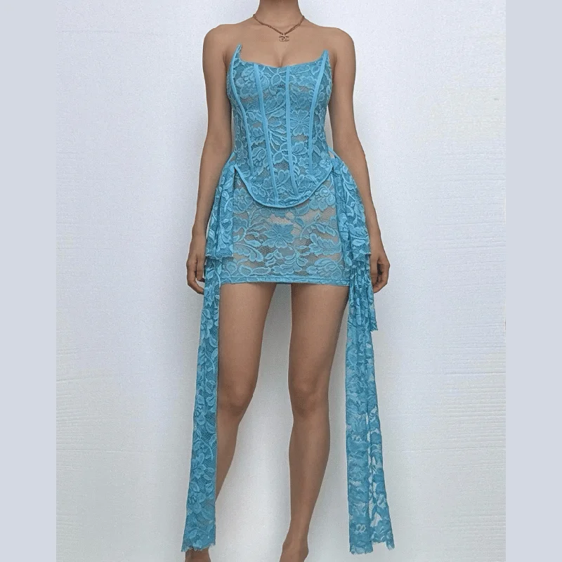 Lace bustier ruched see through tube mini dress Elegant Floral-Print Mini Dress