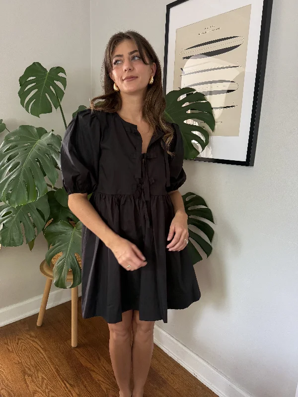 Leslie Black Poplin Tie Top Puff Sleeve Mini Dress Comfortable Bodycon Mini Dress