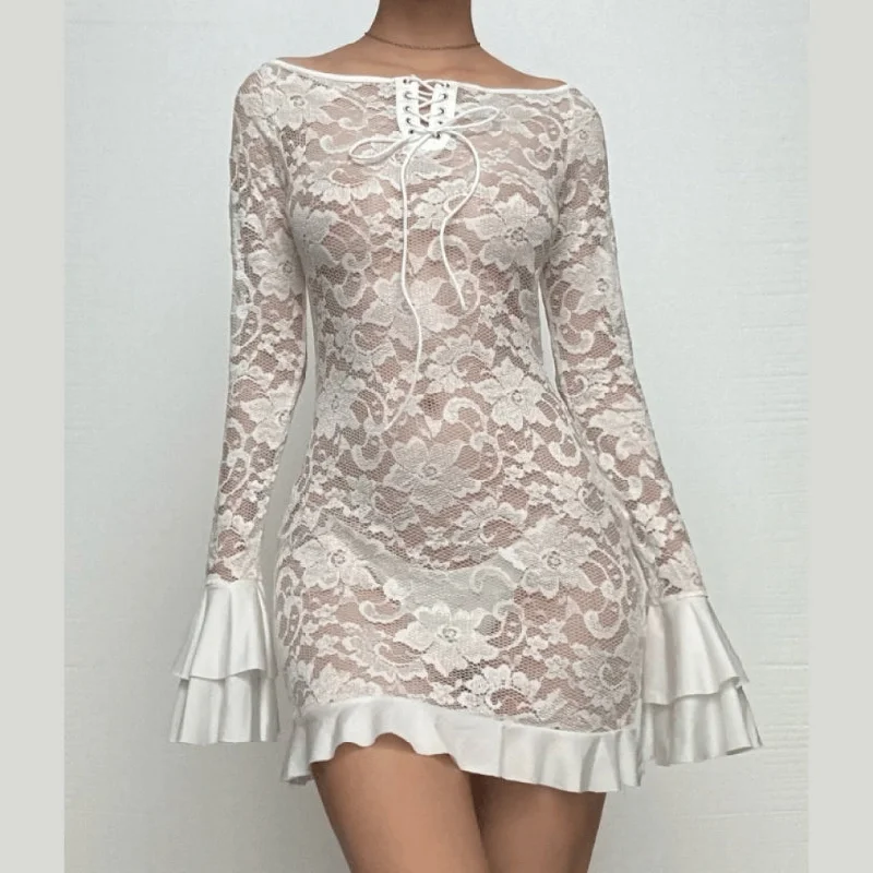 Long flared sleeve lace up lace see through mini dress Comfortable Casual Mini Dress