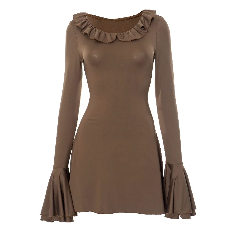 Long flared sleeve ruffle round neck ruched mini dress Trendy Denim Mini Dress