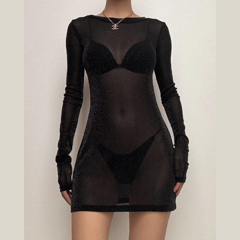 Long sleeve sheer mesh glitter mini dress Chic Bohemian Mini Dress