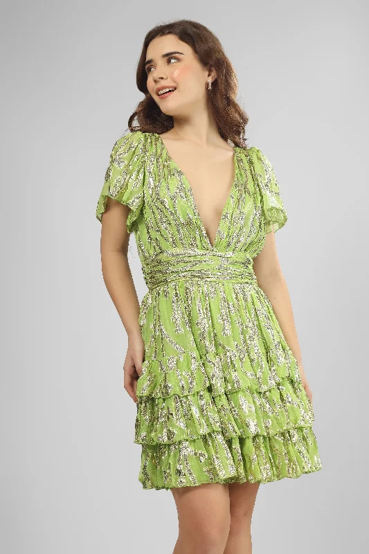 Madison Green Metallic Printed Mini Dress Cozy A-Line Mini Dress