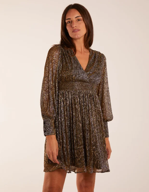 Metallic Wrap Mini Dress Comfortable Zip-Up Mini Dress