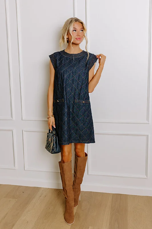 Metropolitan Muse Denim Mini Dress in Dark Wash Trendy Mesh Mini Dress