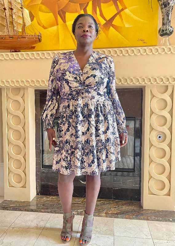 Navy/Gold Floral Mini Dress Stylish Ribbed Mini Dress