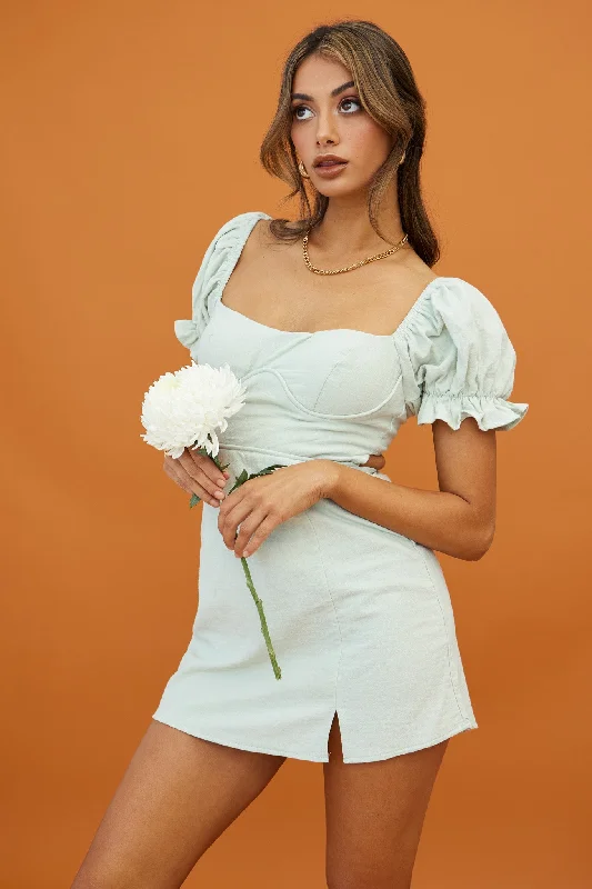 Norma Jean Puff Sleeve Piping Trim Mini Dress Sage Chic Puff Sleeve Mini Dress