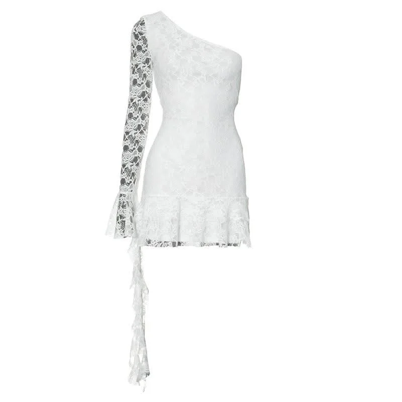 One shoulder long sleeve lace ruffle mini dress Casual Button-Up Mini Dress