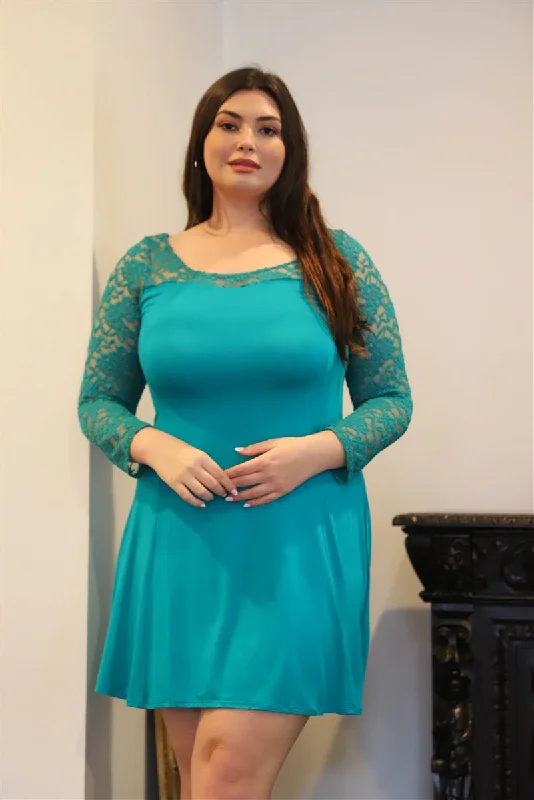Plus Lace Detail Long Sleeve Mini Dress in Teal Trendy Lace Mini Dress