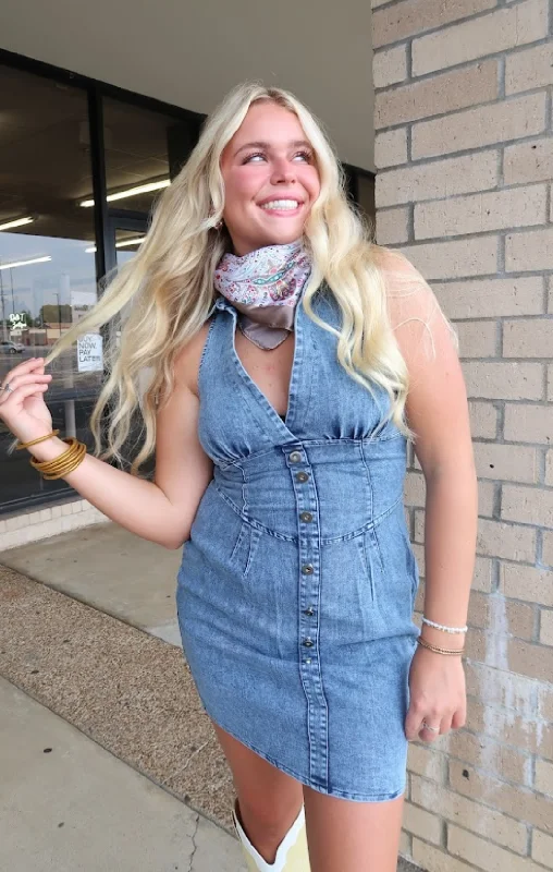 Retro Acid Wash Stretch Denim Mini Dress Trendy A-Line Mini Dress