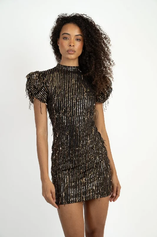 Roli String Sequin Mini Dress in Black and Gold Comfortable Ruffle Mini Dress