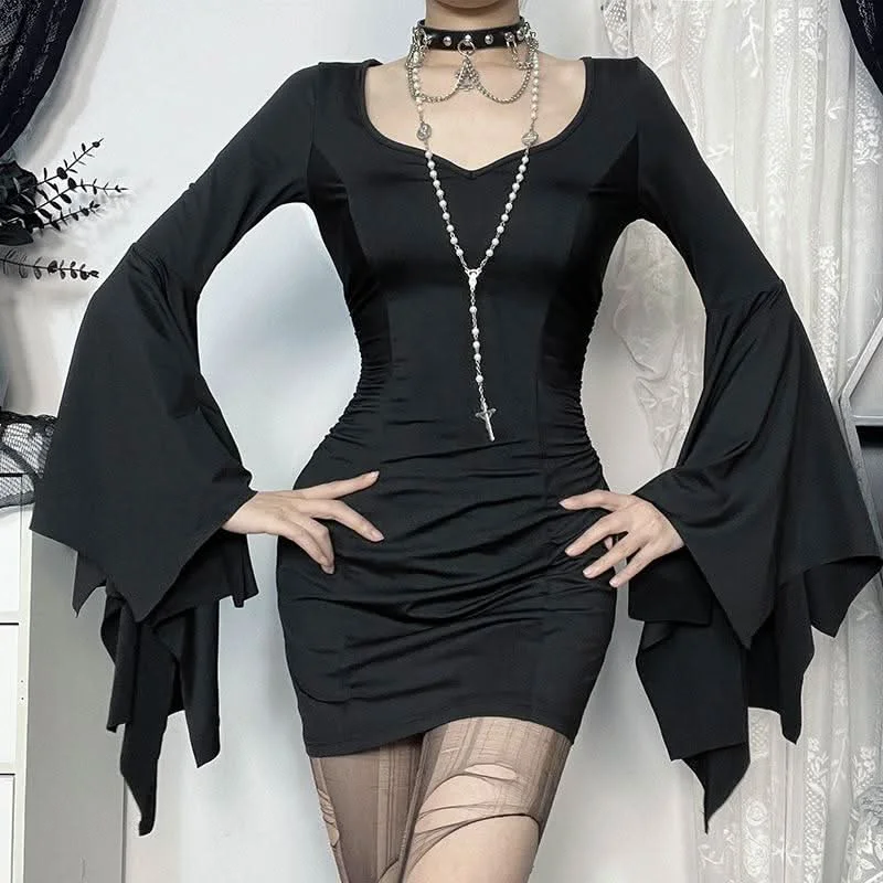Ruched long flared sleeve v neck solid mini dress Stylish Summer Mini Dress