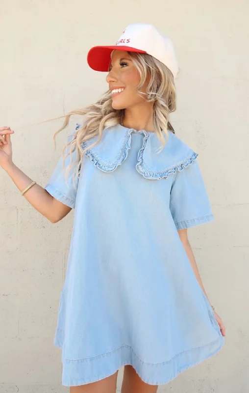 Ruffle Collared Denim Mini Dress Trendy Cut-Out Mini Dress