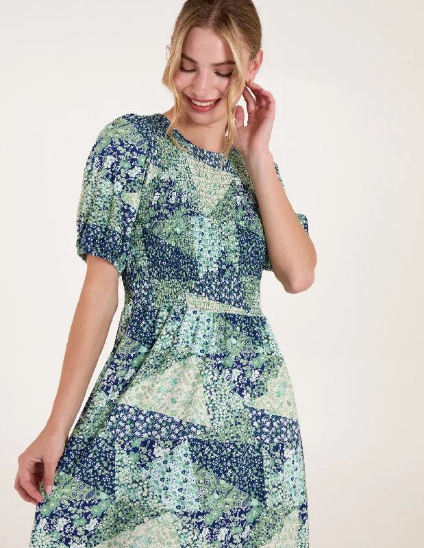 Shirred Bust Puff Sleeve Patchwork Mini Dress Classic Casual Mini Dress