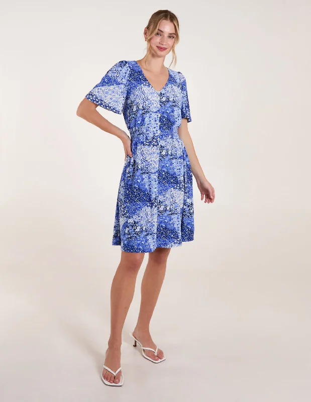 Shirred Waist Button Front Patchwork Mini Dress Cozy Ribbed Mini Dress