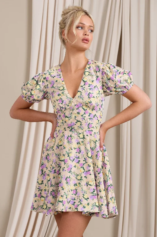 Si Si | Yellow Floral V-Neck Puff-Sleeved Buttoned Mini Dress Stylish Ruffle Mini Dress Si Si | Yellow Floral V-Neck Puff-Sleeved Buttoned Mini Dress Stylish Ruffle Mini Dress
