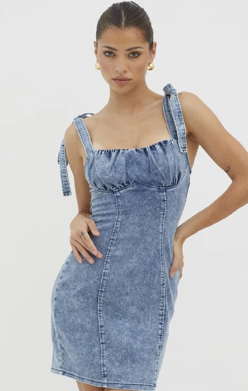 Sleeveless Bow Denim Mini Dress Trendy A-Line Mini Dress