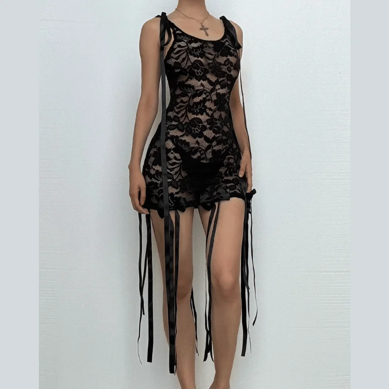 Sleeveless u neck lace bowknot knotted ribbon see through mini dress Cozy Knitted Mini Dress