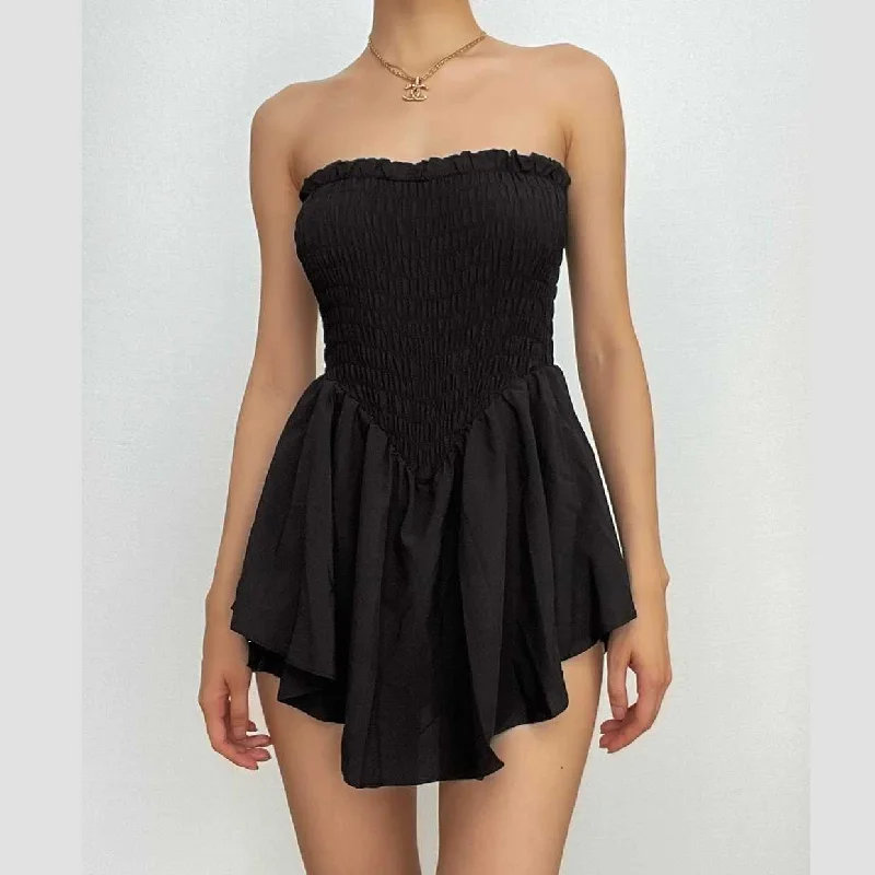 Smocked ruched solid ruffle backless tube mini dress Cozy Cotton Mini Dress