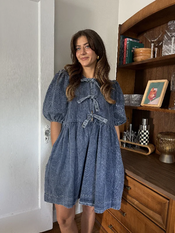 Sofie the Label Gabby Tie Top Puff Sleeve Mini Dress (Denim) Cozy Knit Mini Dress