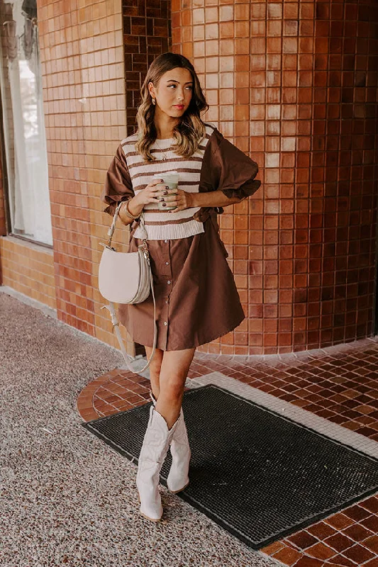 Sweet As Can Be Stripe Mini Dress in Mocha Elegant Lace Mini Dress