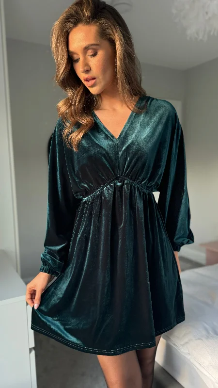Triana Forest Green Velvet V Neckline Mini Dress Stylish Ribbed Mini Dress