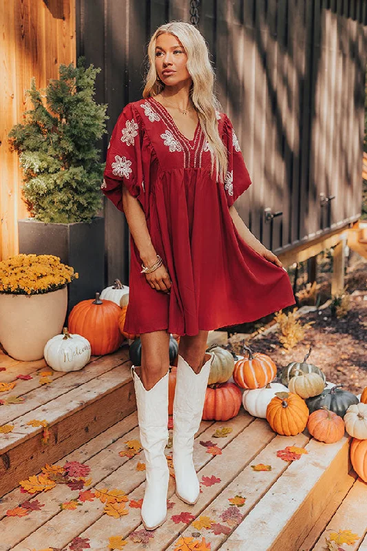Tucson Sunsets Embroidered Mini Dress in Dark Scarlet Classic Casual Mini Dress