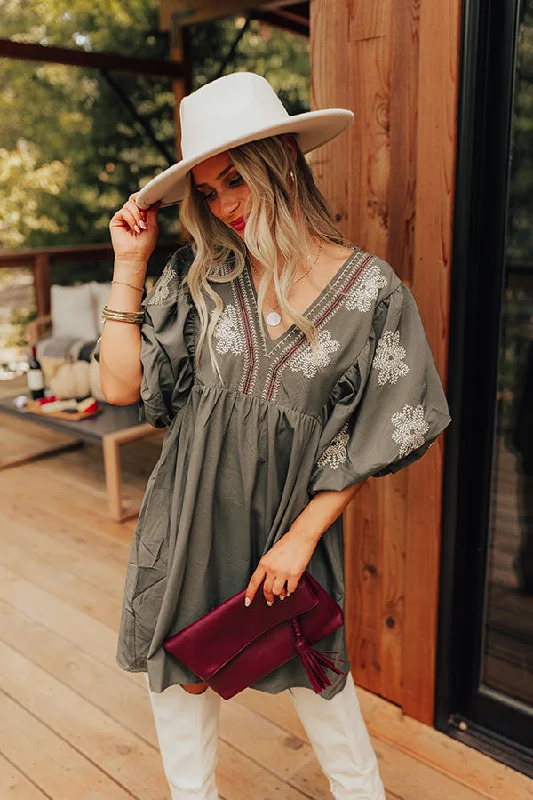 Tucson Sunsets Embroidered Mini Dress in Sage Cozy Cotton Mini Dress